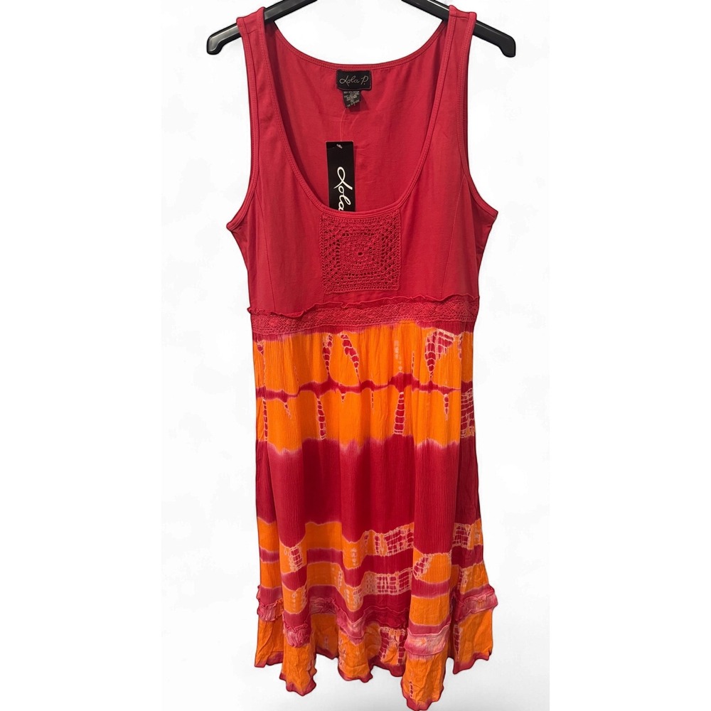 NWT Y2K Lola P Tie Dye Crochet Tank Dress Ruffle Hem XL Deadstock Boho VTG‎